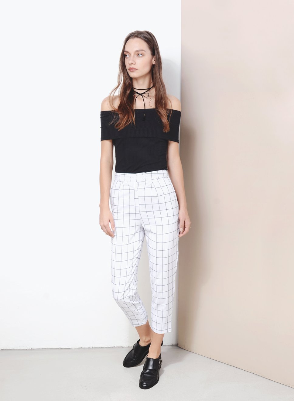 NUANCE Straight Cut Grid Pants (White) - And Well Dressed