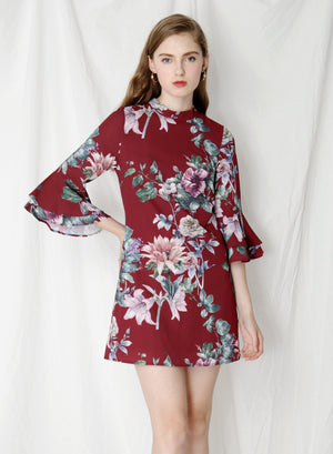 Moonlight Ruffle Sleeves Floral Dress (Wine) - And Well Dressed
