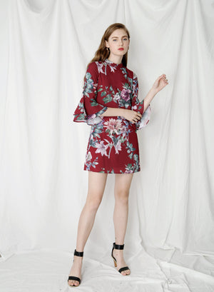 Moonlight Ruffle Sleeves Floral Dress (Wine) - And Well Dressed