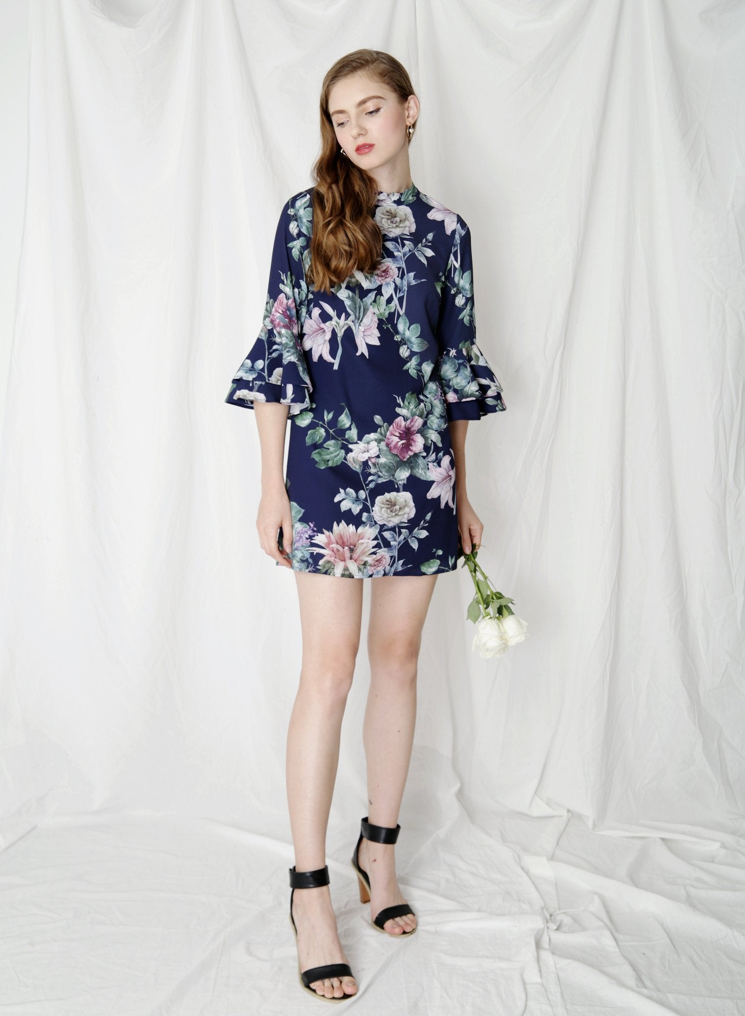 Moonlight Ruffle Sleeves Floral Dress (Navy) - And Well Dressed