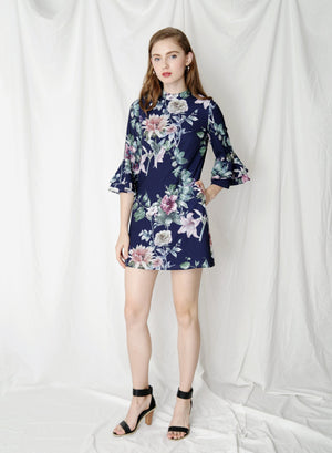 Moonlight Ruffle Sleeves Floral Dress (Navy) - And Well Dressed