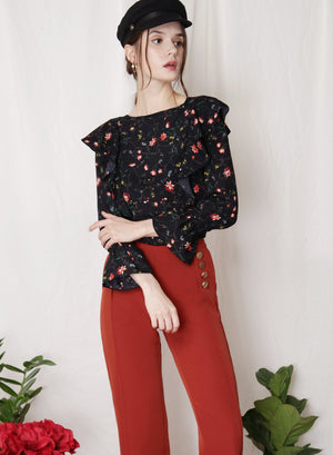 INDULGE Floral Ruffled Top (Black) - And Well Dressed