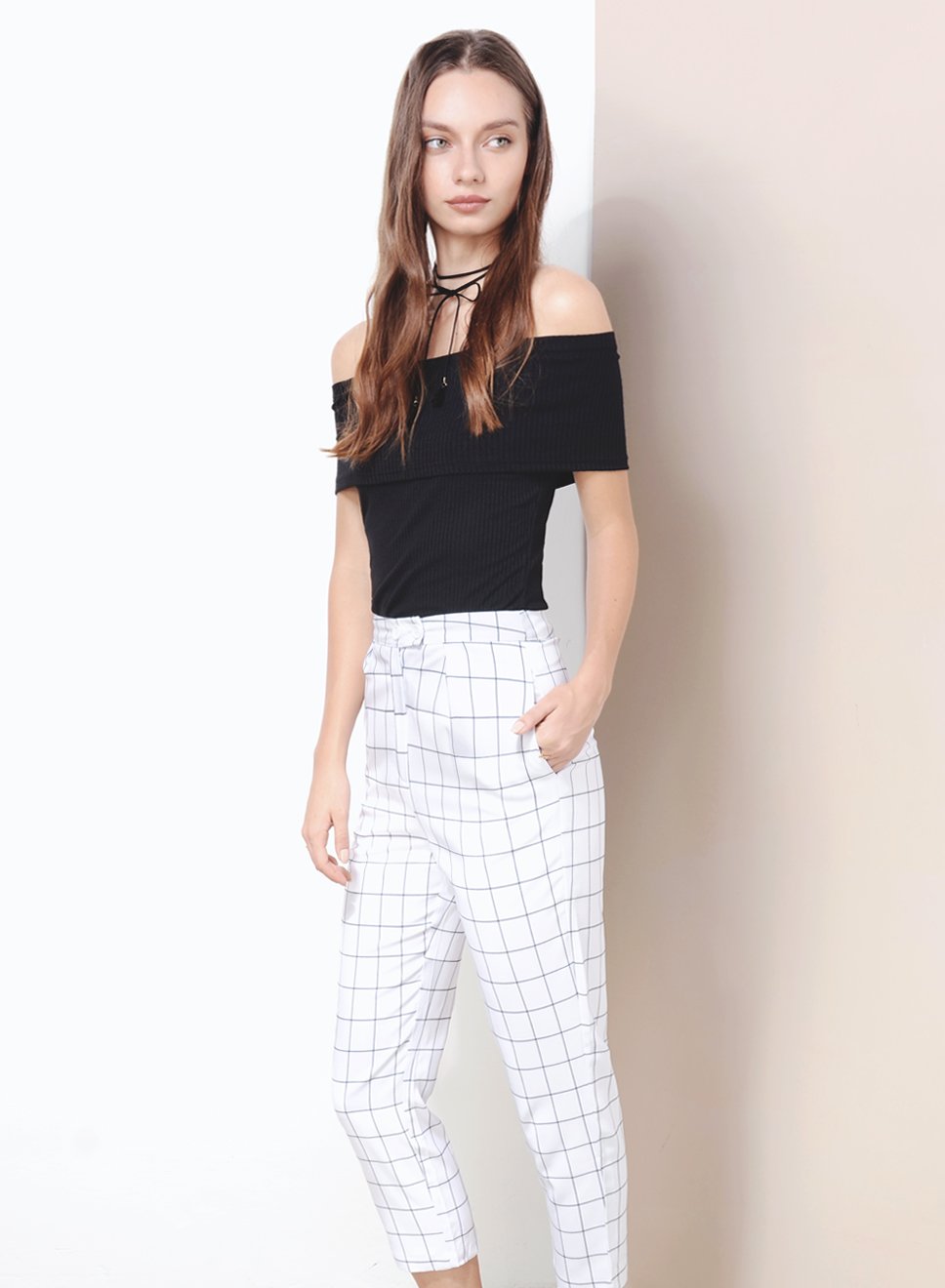 NUANCE Straight Cut Grid Pants (White) - And Well Dressed