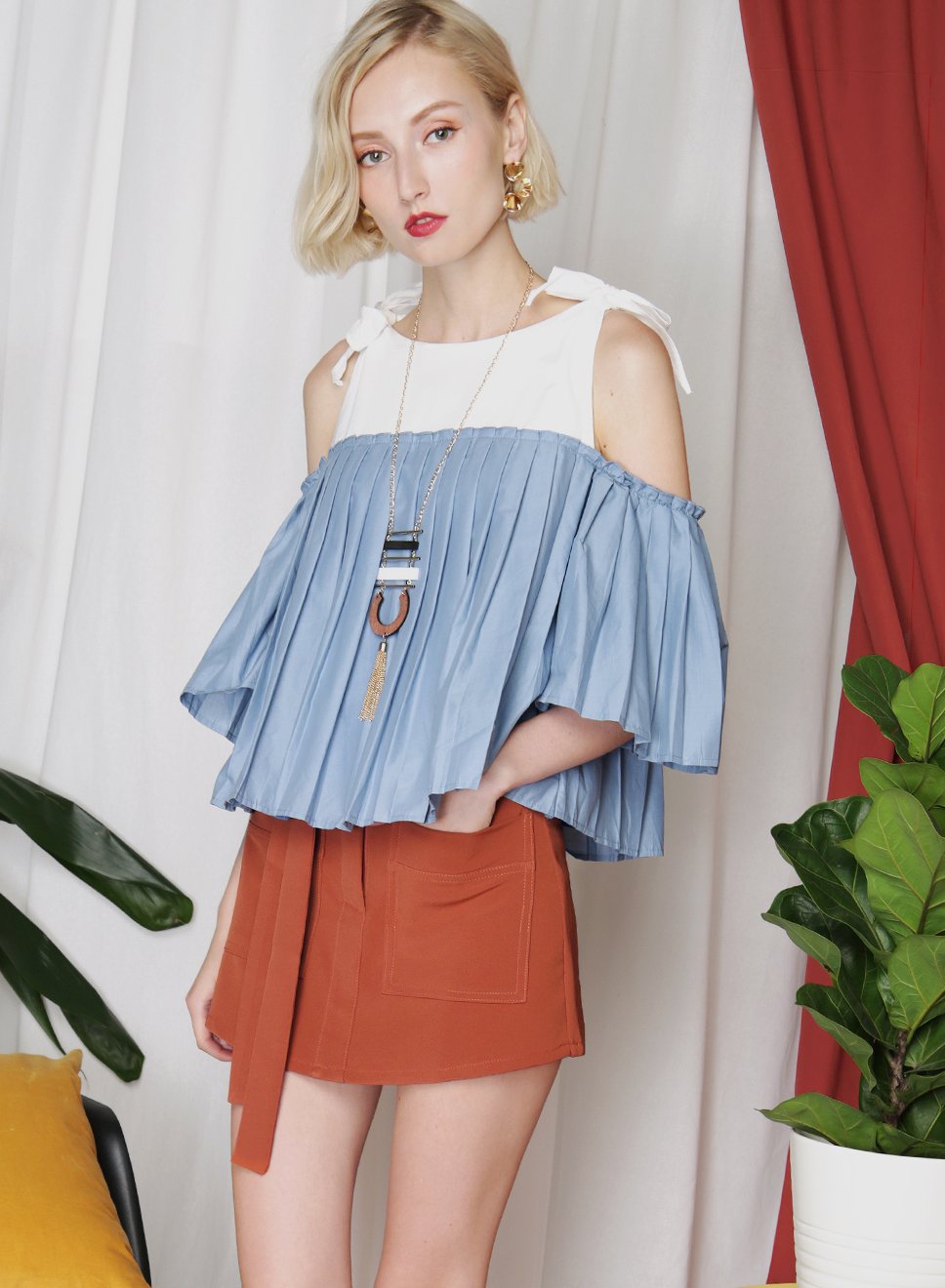 FRONTIER Pleated Contrast Top (Blue) - And Well Dressed