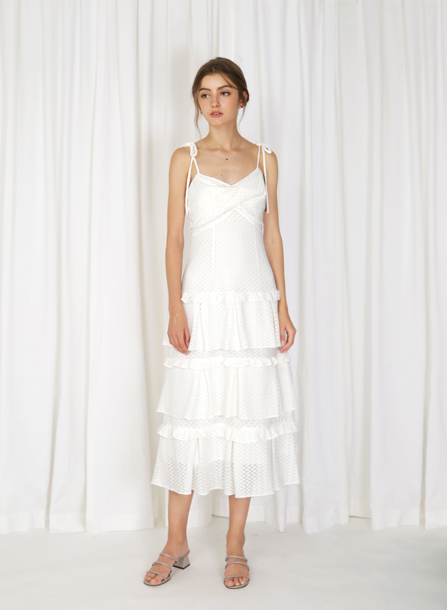 Vik Twist Front Tiered Dress (White)